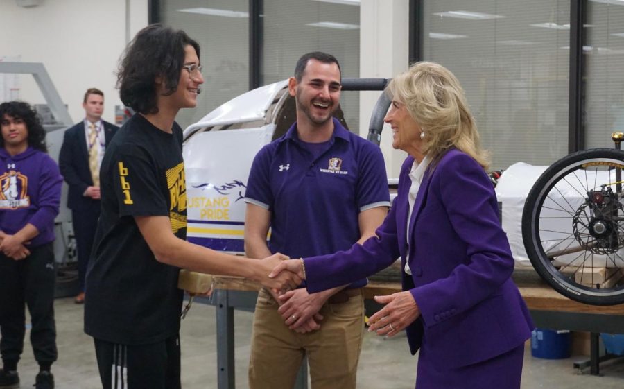 RMHS manufacturing student, Omar Cabrera, greets Dr. Jill Biden